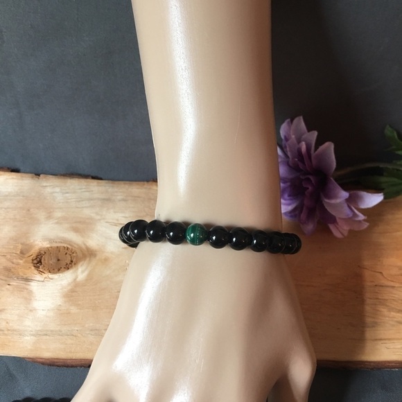 Couples bracelet set black jasper and malachite  beaded bracelet - Picture 5 of 7